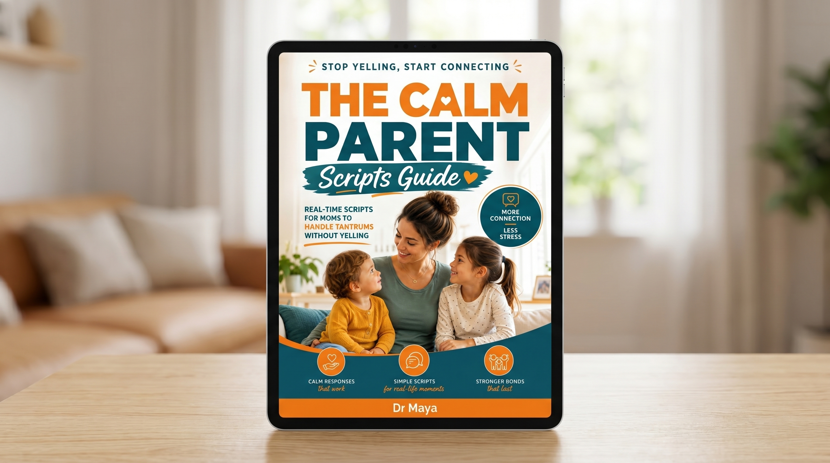 The Calm Parent Scripts Guide: printable parenting scripts PDF shown on an iPad, Dr. Maya's guide for moms of kids ages 2–10